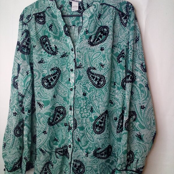 Bon Worth Blouse L Long Sleeve Button Up Simi Sheer Velvet Detail Green Black - Picture 2 of 14